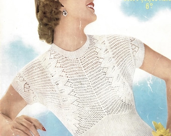 1950s Lacy Knitted Jumper with round neck - vintage knitting pattern (533) Sirdar 1401