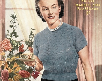 1950s Feather and Fan Knitted Jumper, volup sized - vintage knitting pattern (528) Sirdar 1332