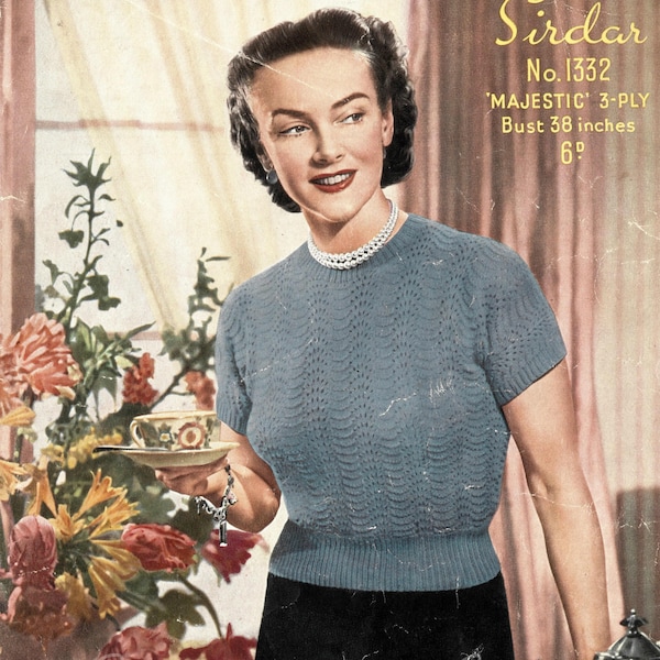 1950s Feather and Fan Knitted Jumper, volup sized - vintage knitting pattern (528) Sirdar 1332