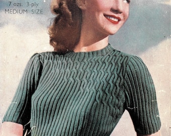 1940s attractive floating cables jumper - vintage knitting pattern PDF (487)