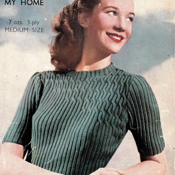 1940s attractive floating cables jumper - vintage knitting pattern PDF (487)