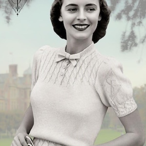 1930er/1940er Baskenpullover mit Zopfmuster und Schleifenausschnitt - Vintage Strickanleitung als PDF