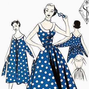 Puede incluir: Una ilustración de patrón de costura para un vestido cruzado azul con lunares blancos, cuello blanco y cintura anudada. La imagen muestra vistas frontales y traseras, con el texto: Era: 1950s, Size: 34" bust, Pattern: Jenni 1044 Wrap Dress.