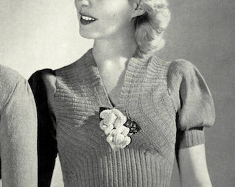 Violets are Blue ribbed sweater with puff sleeves c.1940 - vintage knitting pattern PDF (479)
