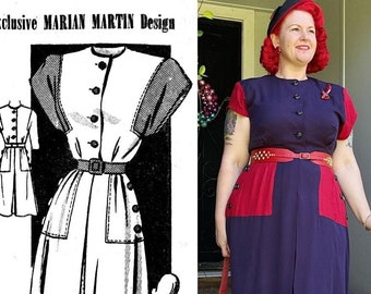 1940s Faye Colour Block Dress in size 20 - Vintage Sewing Pattern PDF 1032 Marian Martin 9014