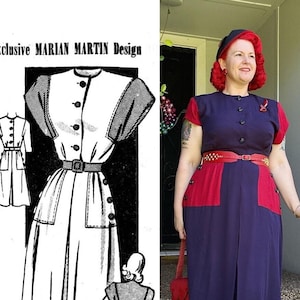 May include: A vintage sewing pattern for a dress with a contrasting colour panel. The pattern is for a dress with a fitted bodice and a full skirt. The pattern is called "Exclusive MARIAN MARTIN Design" and the pattern number is 9014. A woman is wearing a dress that looks like the pattern. The dress is navy blue with a red panel and a red belt. The woman is wearing red shoes and has red hair.