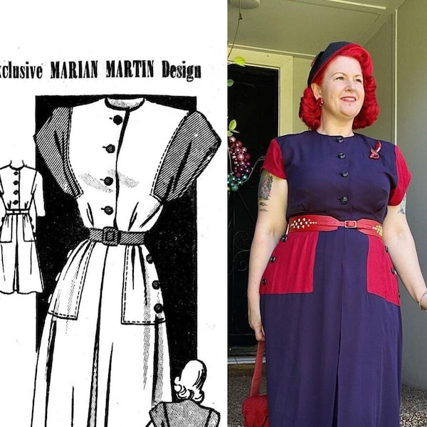 1940er Jahre Faye Color Block Kleid in Größe 20 - Vintage Schnittmuster PDF 1032 Marian Martin 9014