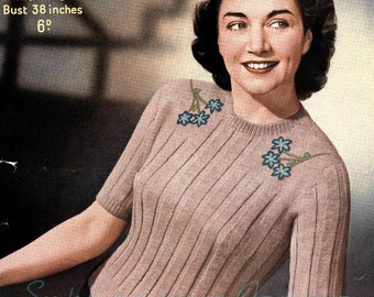 Bluebell, 1940s plus size knitted jumper - vintage knitting pattern PDF (473)