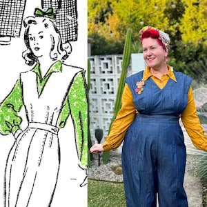 May include: A vintage illustration of a woman wearing a green and white jumpsuit with a belt, next to a photo of a woman wearing a similar style denim jumpsuit with a yellow blouse and a floral headband.
