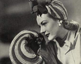 1940s 'Carmen' tilt hat with matching bag, c. 1945 WWII - vintage knitting crochet pattern  (456)