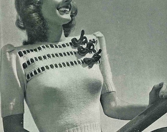 1940s Bows, Bows, Bows Jumper Knitting Pattern: Vintage Ladies Sweater (PDF Pattern) 32/34" Bust