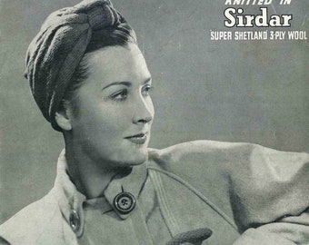 WWII Knitted Turban and Gloves, Sirdar No. 774, c. 1940s - vintage knitting pattern PDF (454)