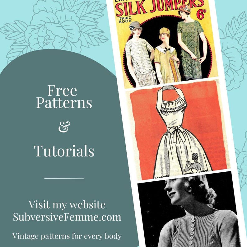 May include: A digital graphic featuring the text Free Patterns & Tutorials and SubversiveFemme.com. It displays vintage illustrations of clothing, including three figures in patterned tops and hats, a white dress with a bow, and a textured knit sweater.