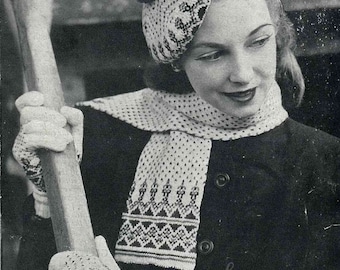 1940s Fair Isle Hat, Gloves and Scarf set, WWII era - vintage knitting pattern PDF (424)