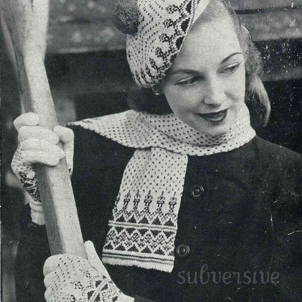 1940s Fair Isle Hat, Gloves and Scarf set, WWII era - vintage knitting pattern PDF (424)