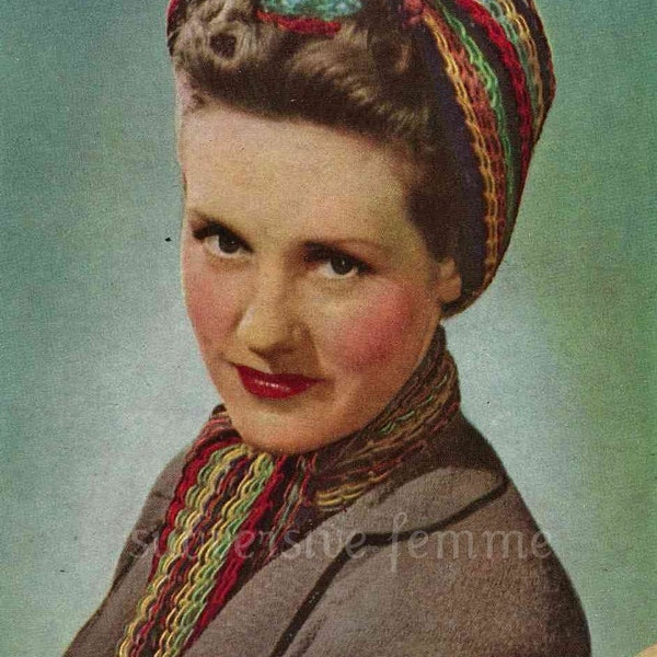1940s War-era multi-coloured traingular head scarf and matching neck scarf  - vintage knitting pattern PDF (421)