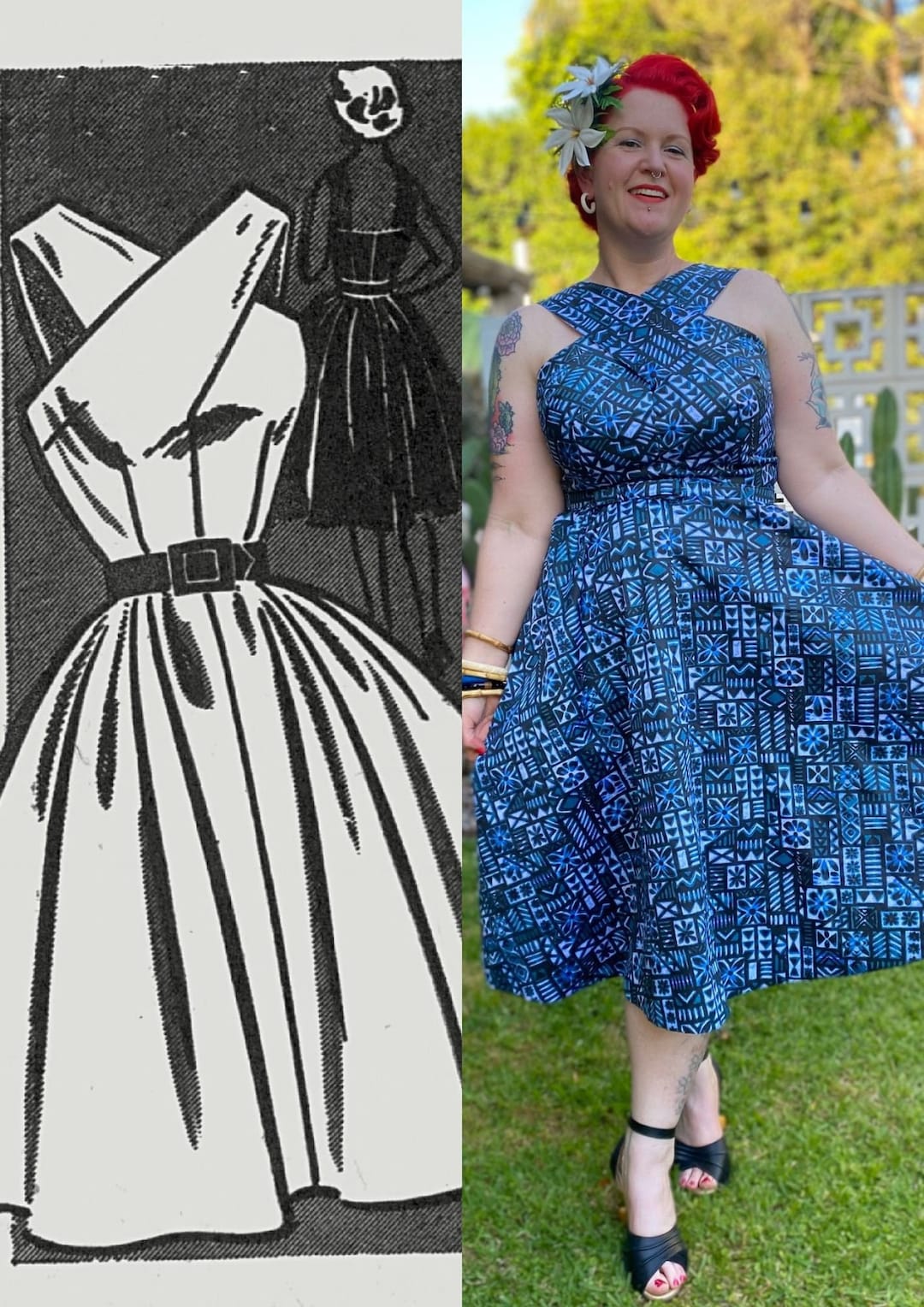 1950s Tiki Crossneck Dress Sizes 32-46 Bust, Digital Pattern
