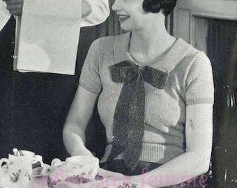 Early 1930s Smart cruise jumper with bow - vintage knitting pattern PDF (305)