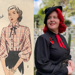 Può includere: Un'illustrazione vintage di una donna che indossa una blusa a quadri rosa e bianca con un papillon nero, accanto a una foto moderna di una donna che indossa una blusa nera con un papillon rosso e una spilla a forma di cuore rosso.