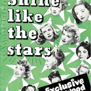 May include: A green poster featuring white stars and black-and-white portraits of various women. The text reads Shine like the stars and Exclusive Hollywood Glamour For You in black lettering. The design includes radiating lines around the text.
