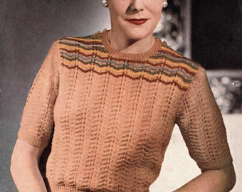 Flossy, 1940s lace patterned jumper with stripes, plus size - vintage knitting pattern PDF (466) Sirdar 1239