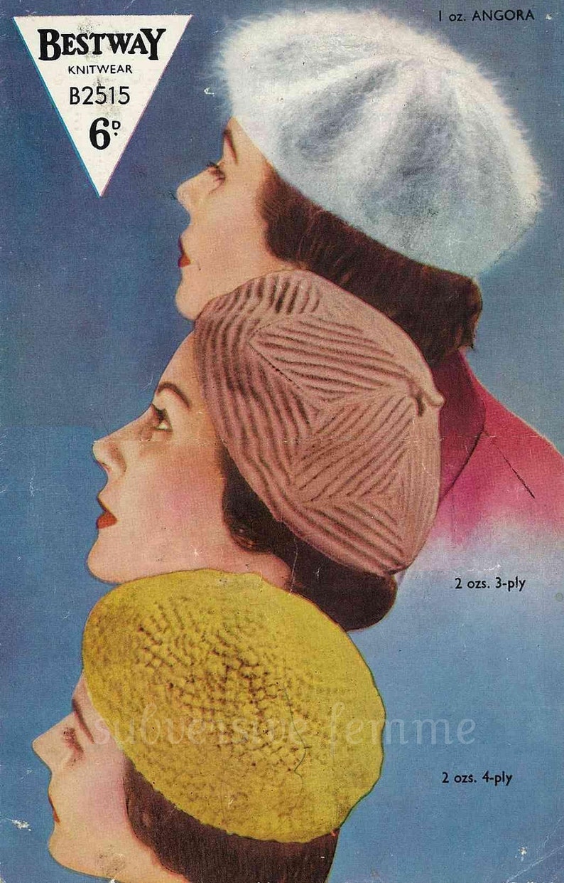 Three Berets from Bestway, c. 1950s Vintage Knitting Pattern booklet PDF 505 image 1