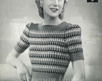 1940s Rainbow Jumper from WWII, Make Do and Mend - vintage knitting pattern PDF (403) Lavenda 915