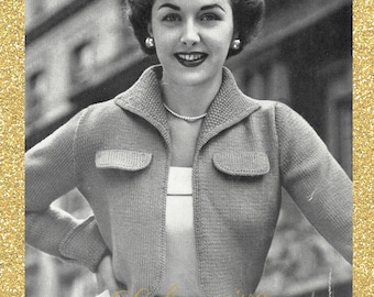 Eril, a sporty cardigan bolero knit in DK weight wool e c. 1950s - Vintage Knitting Pattern PDF