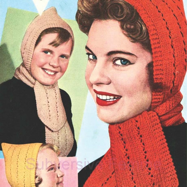 1950s Pixie Hood with Attached Scarf, Bestway B2833 (518) – vintage knitting pattern PDF