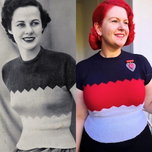 Peut inclure: Un pull en tricot à manches courtes présentant un motif color-block avec une partie supérieure bleu marine foncé, une section centrale rouge vif et une partie inférieure blanche, séparées par un motif en zigzag. Col rond et ourlet côtelés.