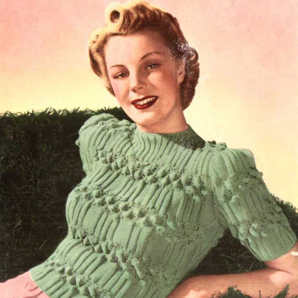 1940s Bobble and Ribs jumper - vintage knitting pattern PDF (460)