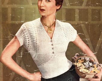 1950s Lacy Knitted Jumper - vintage knitting pattern (529) Sirdar 1404