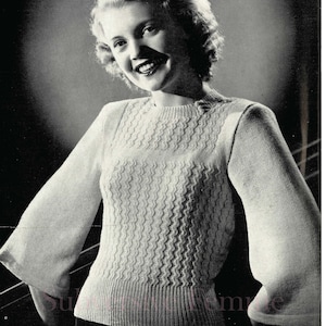 Zig-Zag Stitch jumper with flared sleeves from Lincoln, vintage knitting pattern PDF (493)