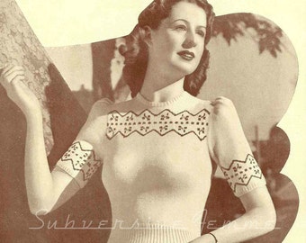 Cherry FairIsle Jumper, c. 1940s - vintage knitting pattern PDF (446)