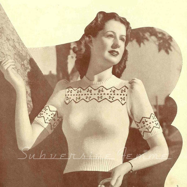 Cherry FairIsle Jumper, c. 1940s - vintage knitting pattern PDF (446)