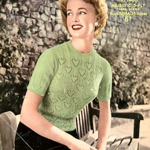 Cascading Hearts Jumper c. 1950s - vintage knitting pattern PDF (519)