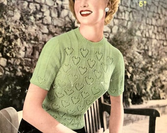 Cascading Hearts Jumper c. 1950s - vintage knitting pattern PDF (519)