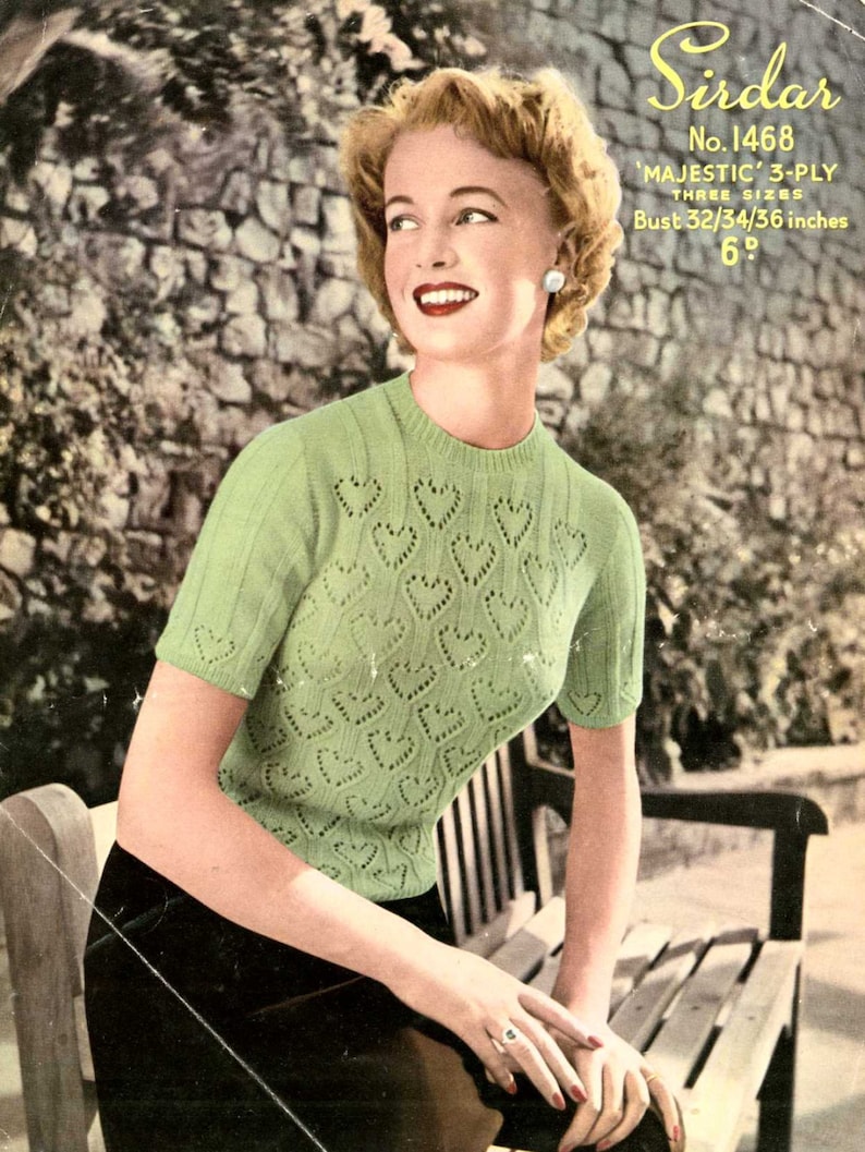 Cascading Hearts Jumper c. 1950s vintage knitting pattern PDF 519 image 1