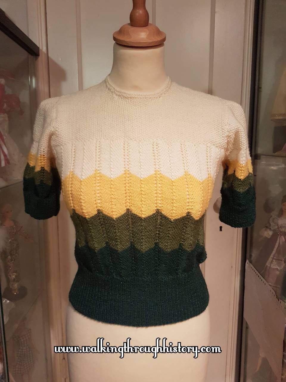 1940s Striped Chevron-lace Jumper, With Puff Sleeves