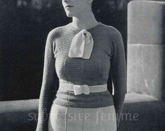 1930s raglan styled jumper with neck tie and matching belt - vintage knitting pattern PDF (315)