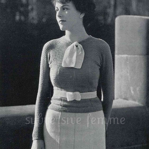 1930s raglan styled jumper with neck tie and matching belt - vintage knitting pattern PDF (315)