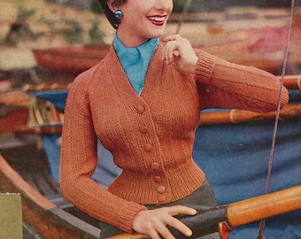 1950s fitted raglan cardigan, 34-36-38 in bust - Vintage Knitting Pattern PDF (502) Lee Target 1284