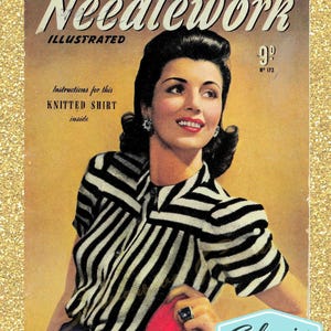Pode incluir: Capa de revista vintage "Needlework Illustrated" com uma mulher vestindo uma camisa de malha listrada em preto e branco. A capa inclui o texto: "Instructions for this KNITTED SHIRT inside" e o logotipo "Subversive Femme".
