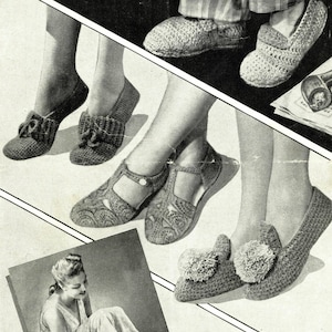 May include: A vintage advert showing knitted slippers made from yarn and rug wool. The image showcases different slipper designs, such as closed-toe, open-toe, and those with pom-poms. The text indicates the slippers are for men and women.