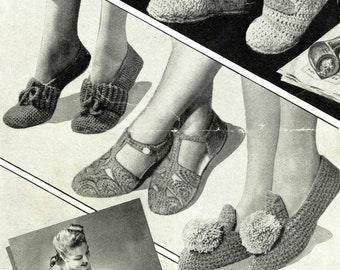 Womens and Mens Slippers, Weldons No.322 - vintage knitting crochet pattern PDF (455)