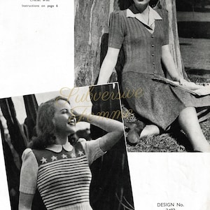 May include: Two vintage knitting patterns for sweaters. The first pattern is for a sweater with a button-up front and short or long sleeves. The second pattern is for a striped sweater with a star-shaped design on the neckline and short sleeves. Both patterns are from Woolworths' Crochet Wool.