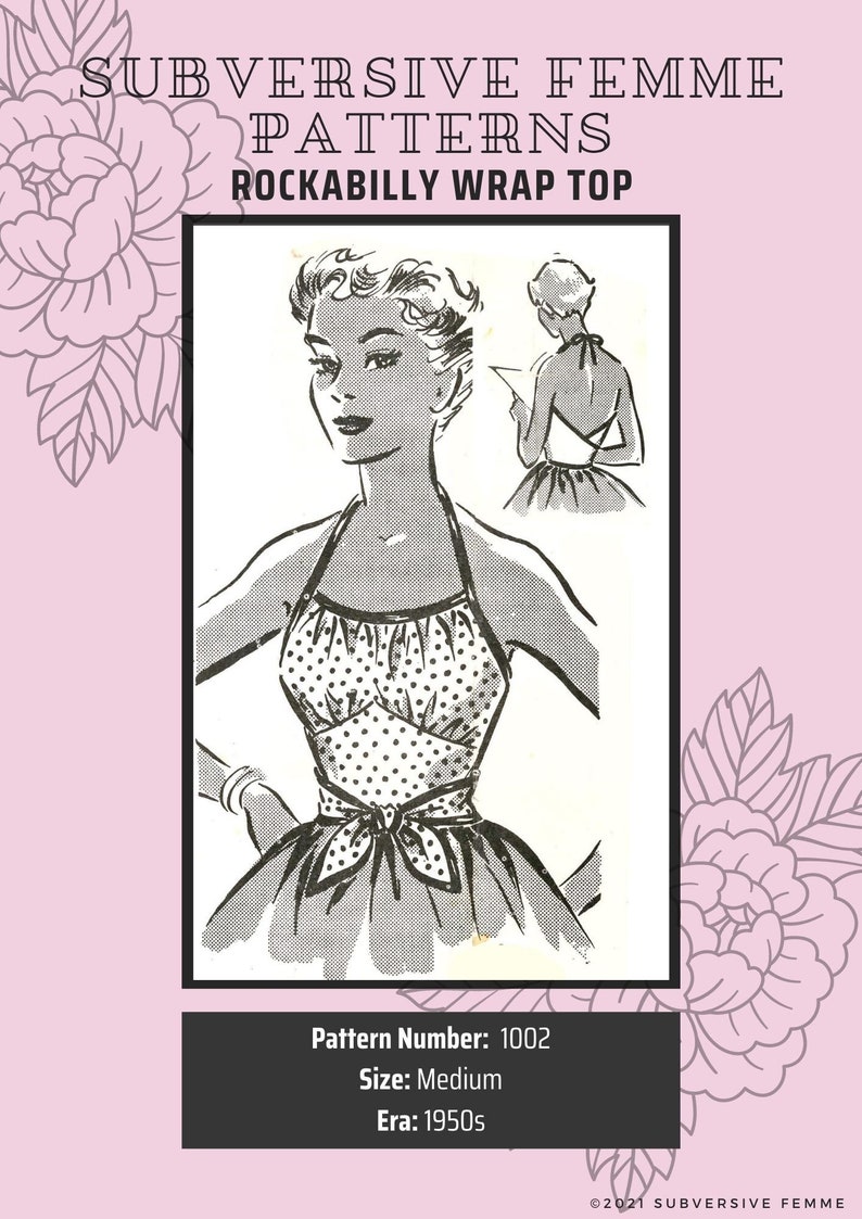1950s 1-Yard Rockabilly Wrap Top, medium size Vintage Sewing Pattern PDF 1002 image 1