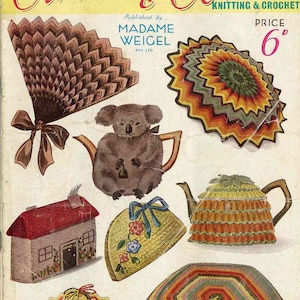 May include: A vintage knitting and crochet pattern book cover featuring colorful crocheted items, including a teapot cozy, a fan, a hat, and a coaster. The cover also features a koala bear and a small house.