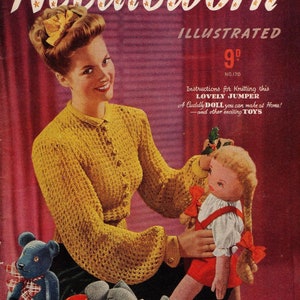 May include: A woman in a yellow knitted sweater holds a doll with blonde hair and a red dress. The doll is sitting on a red surface with a green holly sprig. The woman is holding a ball and a stuffed elephant. The magazine cover reads "Needlework Illustrated" and "Instructions for Knitting this LOVELY JUMPER A Cuddly DOLL you can make at Home! -and other exciting TOYS".