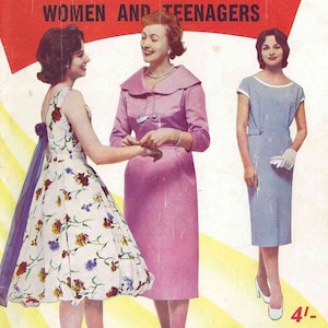 May include: A vintage sewing pattern booklet cover featuring three women wearing dresses. The cover is red with white text that reads "Enid Gilchrist Patterns for Women and Teenagers". The price is listed as "4/-" and the sizes are "32 to 36".